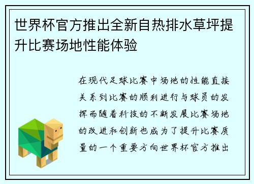 世界杯官方推出全新自热排水草坪提升比赛场地性能体验