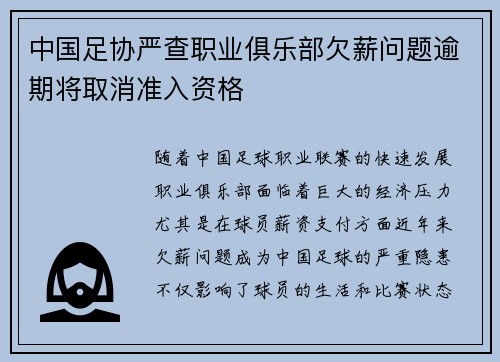 中国足协严查职业俱乐部欠薪问题逾期将取消准入资格