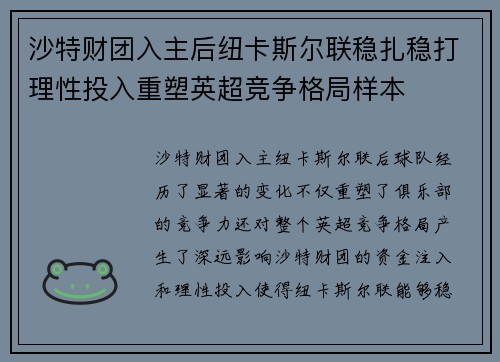 沙特财团入主后纽卡斯尔联稳扎稳打理性投入重塑英超竞争格局样本