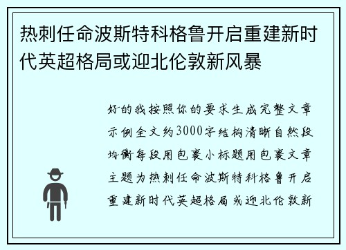 热刺任命波斯特科格鲁开启重建新时代英超格局或迎北伦敦新风暴