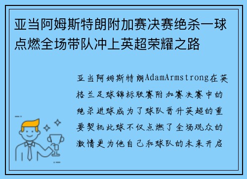 亚当阿姆斯特朗附加赛决赛绝杀一球点燃全场带队冲上英超荣耀之路