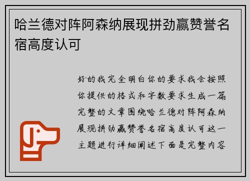 哈兰德对阵阿森纳展现拼劲赢赞誉名宿高度认可