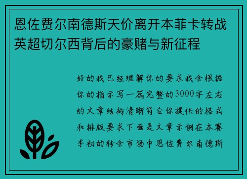 恩佐费尔南德斯天价离开本菲卡转战英超切尔西背后的豪赌与新征程