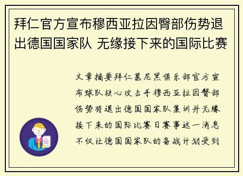 拜仁官方宣布穆西亚拉因臀部伤势退出德国国家队 无缘接下来的国际比赛